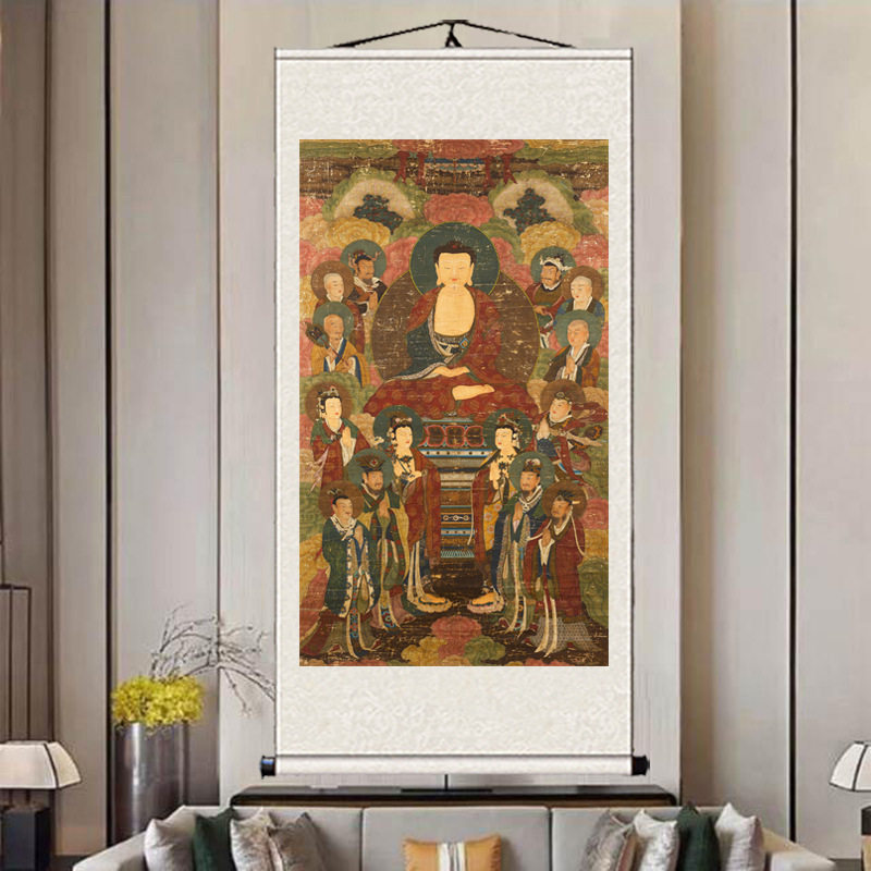 古画阿弥陀佛佛像挂画文殊普贤菩萨韦陀护法客厅玄关卷轴画水陆画