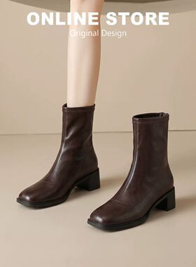 静音底棕色短靴女款秋冬方头粗跟弹力瘦瘦靴加绒高跟小皮鞋马丁靴