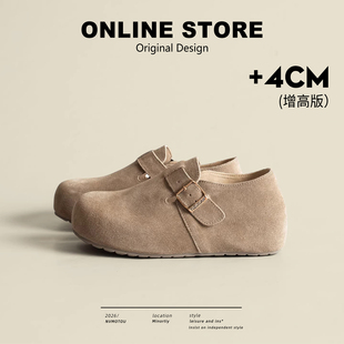 4CM内增高~真皮防水勃肯鞋女厚底休闲懒人一脚蹬全包软木博肯单鞋