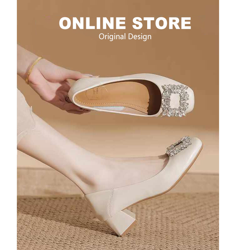 真皮~法式粗跟单鞋女水钻软皮中跟妈妈鞋不累脚职业浅口高跟鞋子