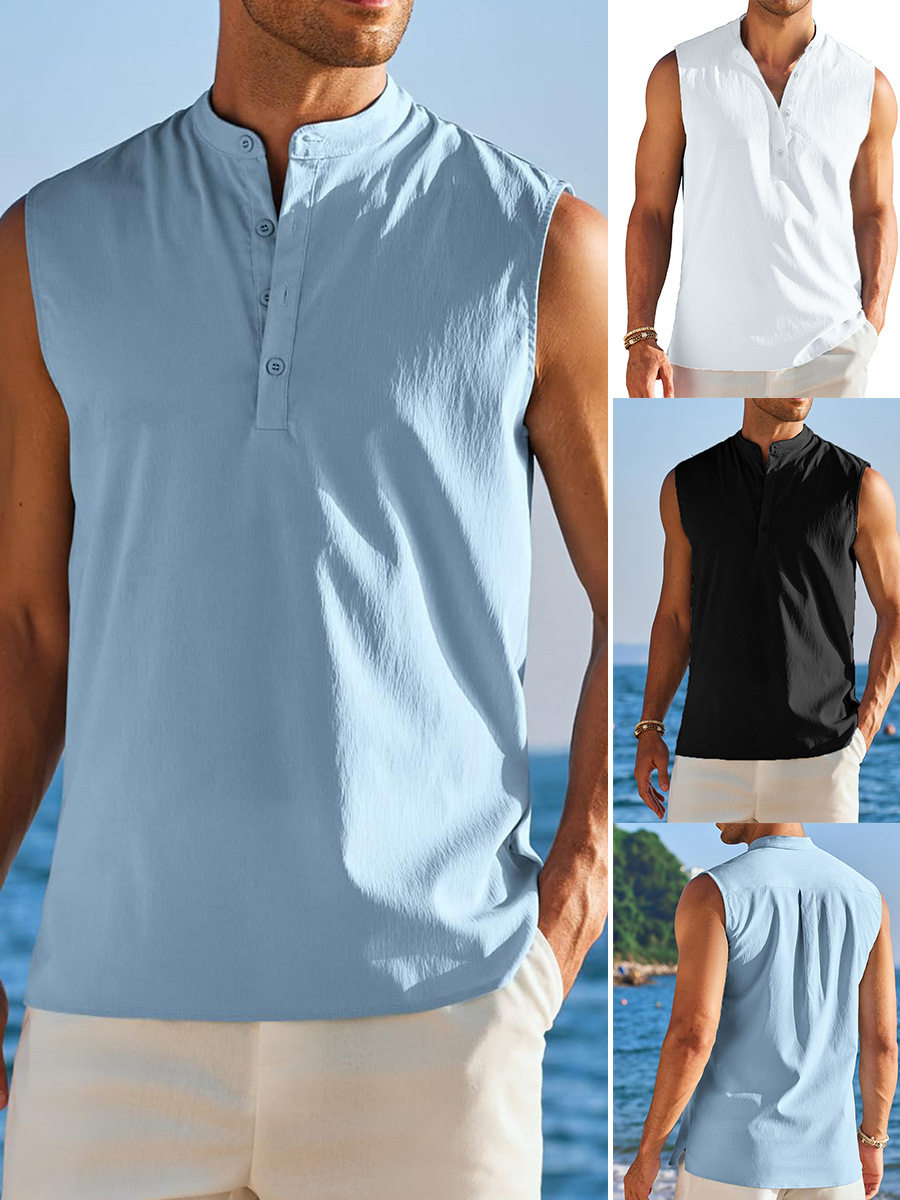 2026夏季欧美纯色立领休闲无袖衬衣男沙滩度假坎肩背心Men shirt