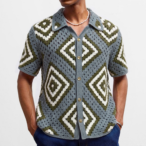 2026夏镂空钩花针织短袖衬衣男菱格提花休闲开衫POLO衫Men shirt