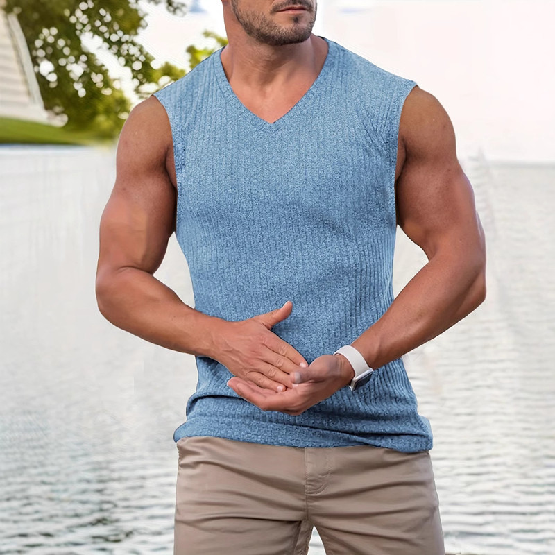 2026夏季美式V领竖条纹弹力修身背心男大码运动健身上衣Men vest