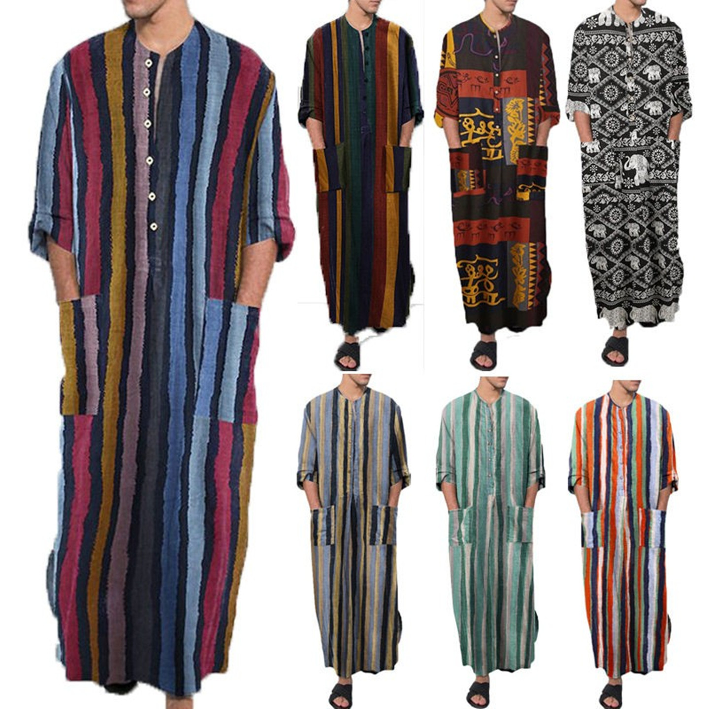 Men's one-piece shirt robe外贸长袍男春夏新款条纹印花连体衬衣