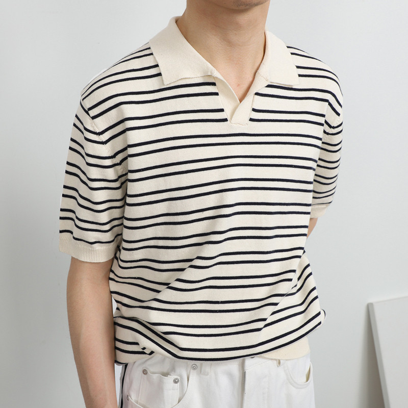 2026夏季V领冰丝条纹拼色polo衫男士时尚翻领短袖t恤Men T-Shirt