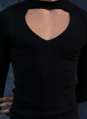 2025秋季欧美弹力修身打底衫男镂空紧身性感长袖t恤Men T-shirts