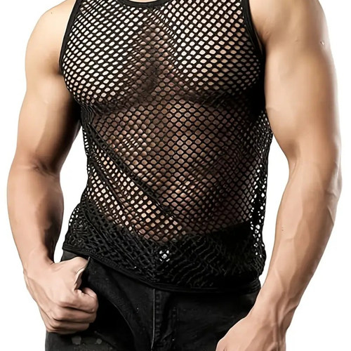 2026夏季欧美男士性感镂空透视渔网背心型男夜店表演上衣Men vest
