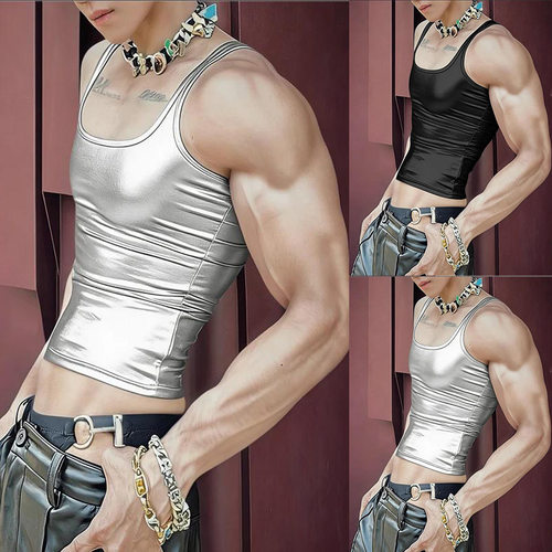 2026夏季美式纯色修身吊带背心男u领内搭夜店表演上衣Men's vest