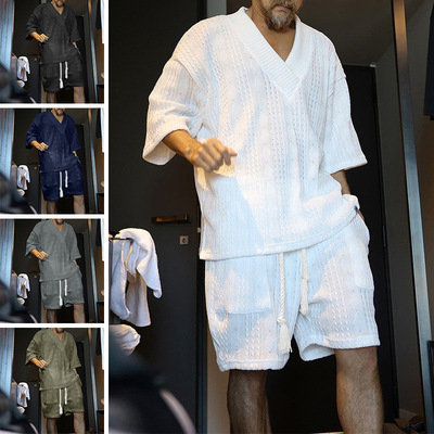 2025夏外贸男士休闲宽松短袖T恤短裤针织套装潮Men knitted suit