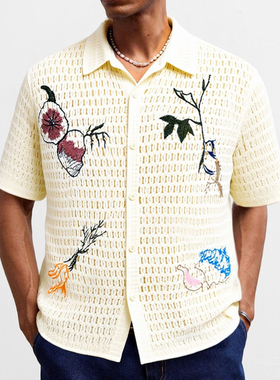 2025夏季外贸男士针织提花短袖衬衣镂空透视休闲衬衫Men's shirts