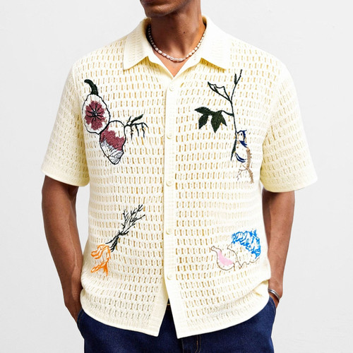 2026夏季外贸男士针织提花短袖衬衣镂空透视休闲衬衫Men's shirts