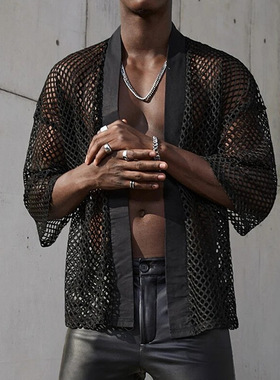 2025夏季网眼七分袖衬衫男性感镂空开衫演出服宽松披肩Men shirt