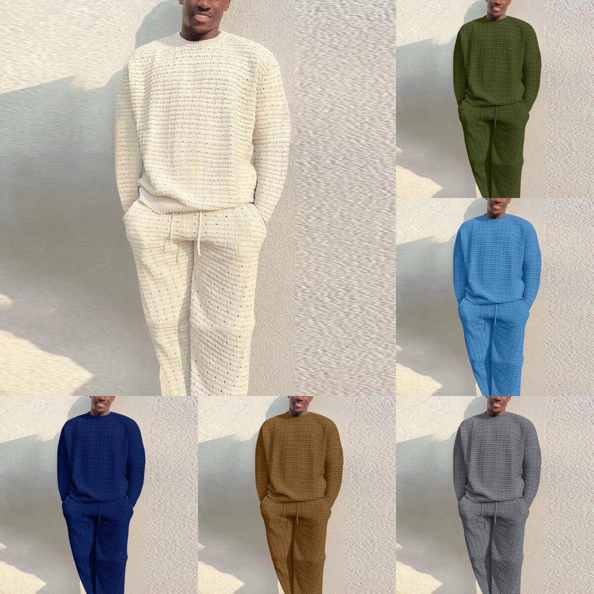 欧美时尚穿搭针织套装男圆领套头t恤宽松直筒裤men knitted suit
