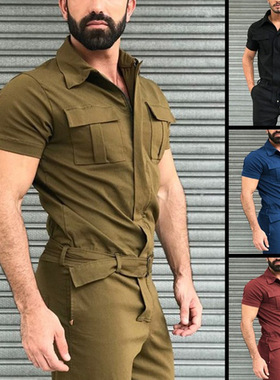 外贸男装纯色多口袋束腰工装连体裤Men shirt trousers overalls