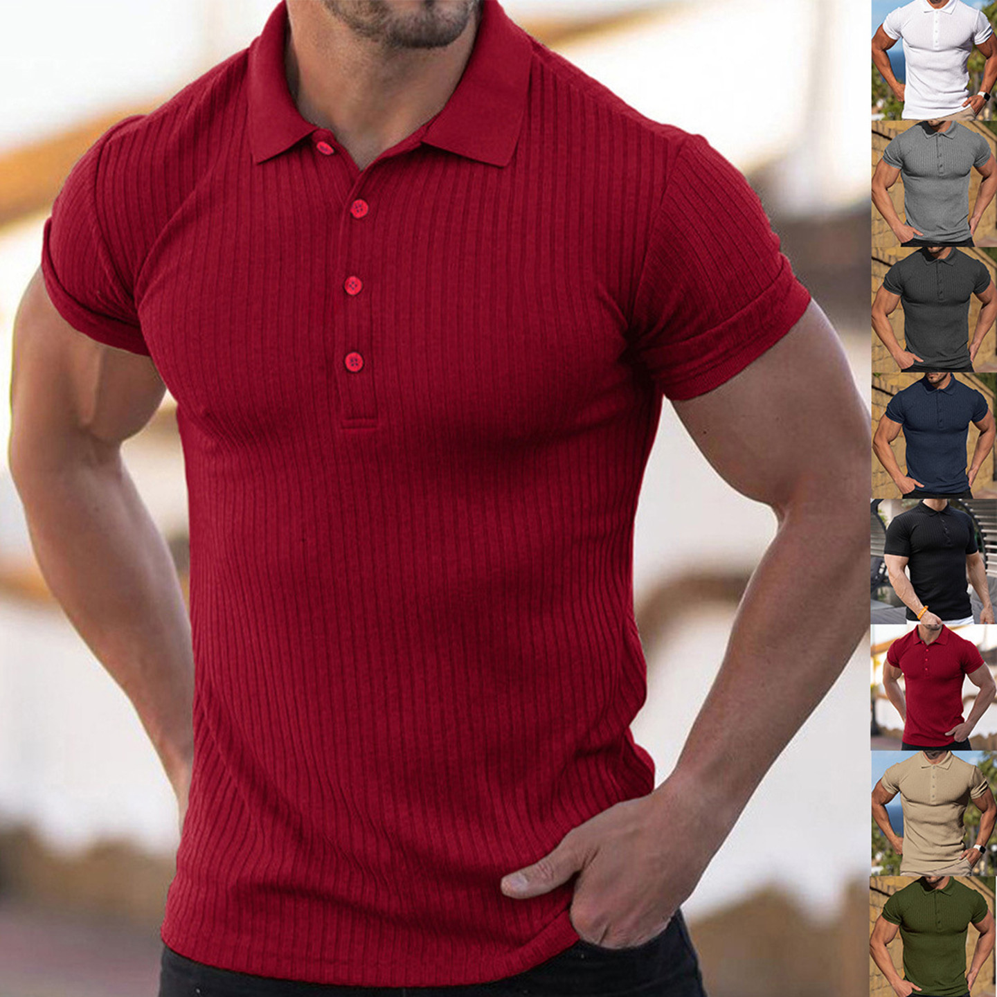 2026春夏外贸男装时尚纯色修身短袖Polo衫翻领暗纹T恤Men T-shirt