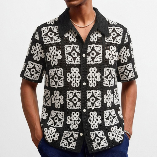 2026夏季黑白撞色勾花镂空透气休闲开衫针织polo衫男Men T-shirt