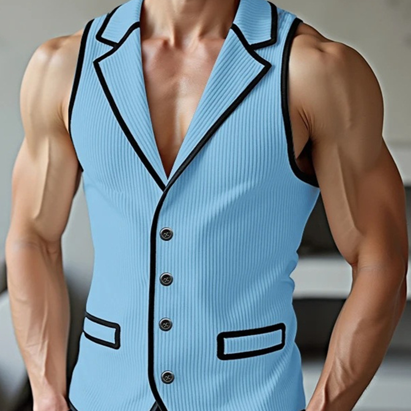 2026春秋新款时尚拼色修身马甲男复古表演服无袖坎肩背心Men vest