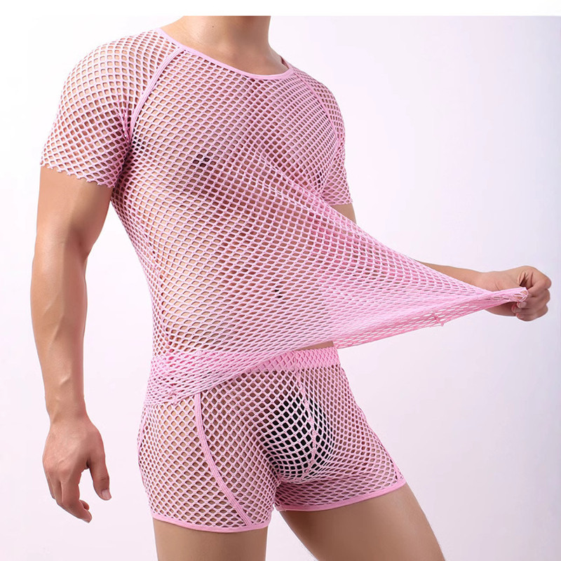 2026春夏性感镂空短袖T恤男透视渔网上衣Men sexy hollow T-shirt