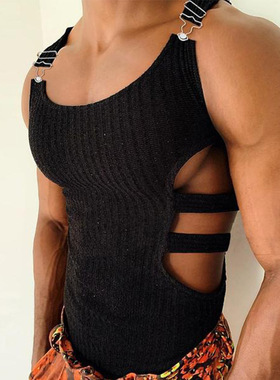 2025新款欧美镂空纯色修身上衣街头运动工装背心男士T恤Men vest