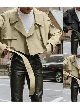 秋季外贸新款时尚宽松夹克腰带翻领工装短款风衣外套男Men jacket