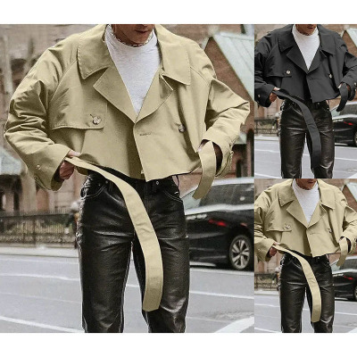 秋季外贸新款时尚宽松夹克腰带翻领工装短款风衣外套男Men jacket