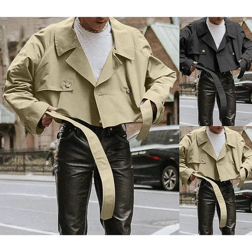 秋季外贸新款时尚宽松夹克腰带翻领工装短款风衣外套男Men jacket