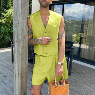 Men 2026夏季 suit 休闲套装 背心马甲高腰阔腿短裤 欧美男士 v领无袖