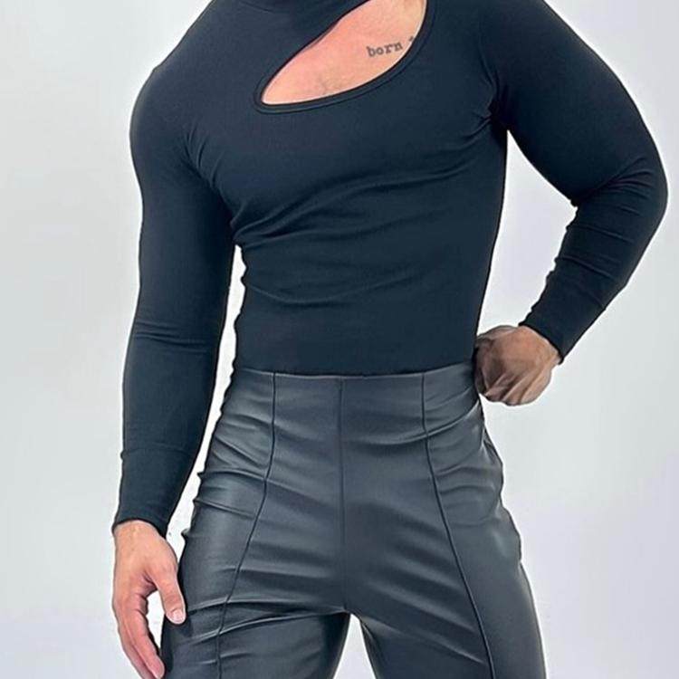 2026春秋欧美性感破洞紧身长袖T恤男半高领打底上衣Men T-shirts