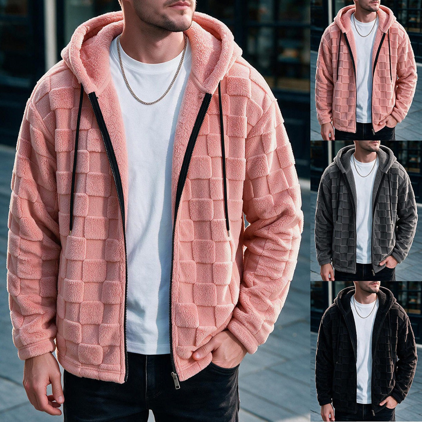 2026秋冬男士方格摇粒绒连帽外套加厚加绒休闲保暖棉衣Men jacket