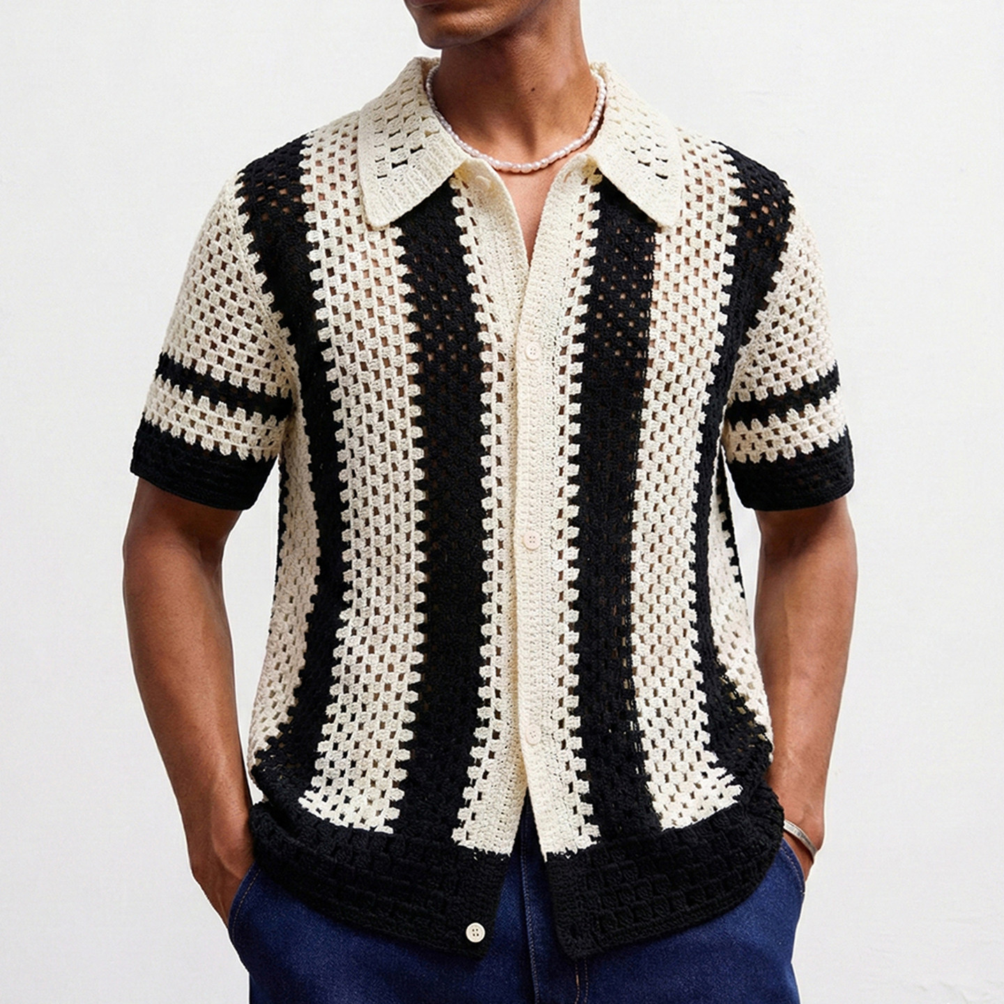 欧美男装2026夏季条纹拼色短袖衬衣镂空透视针织polo衫Men shirt