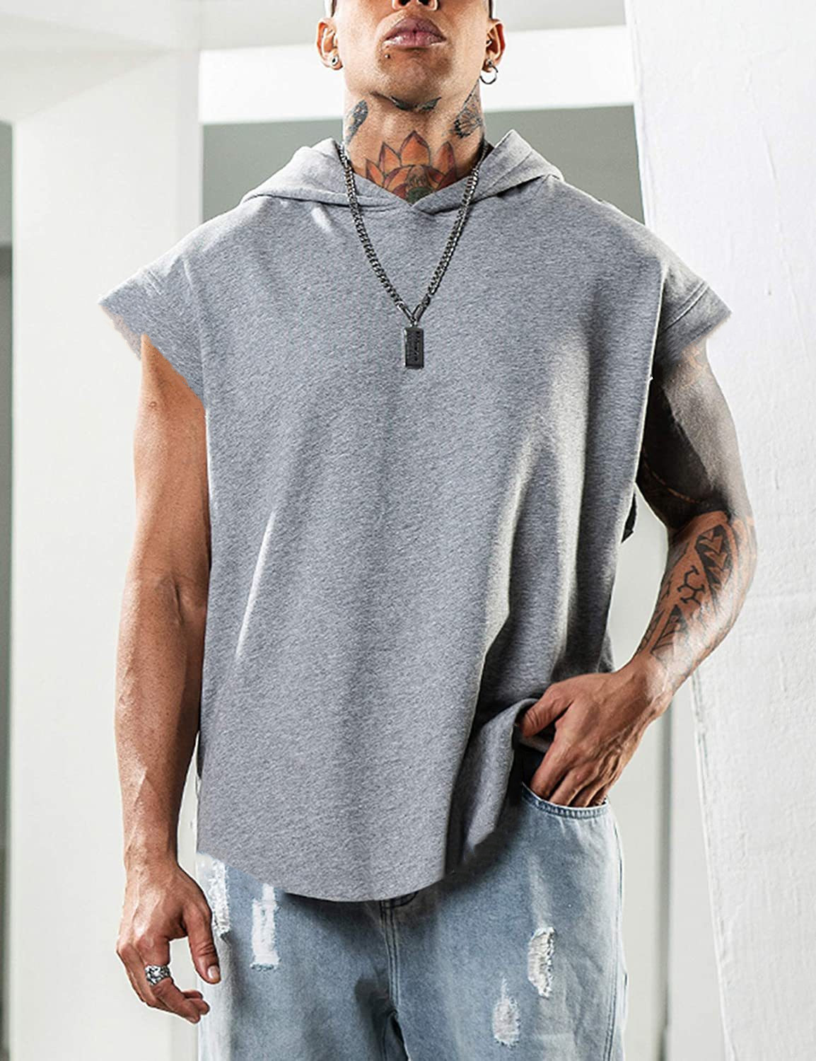 欧美男装2026夏季男纯色连帽运动无袖马甲大码宽松T恤Men T-Shirt
