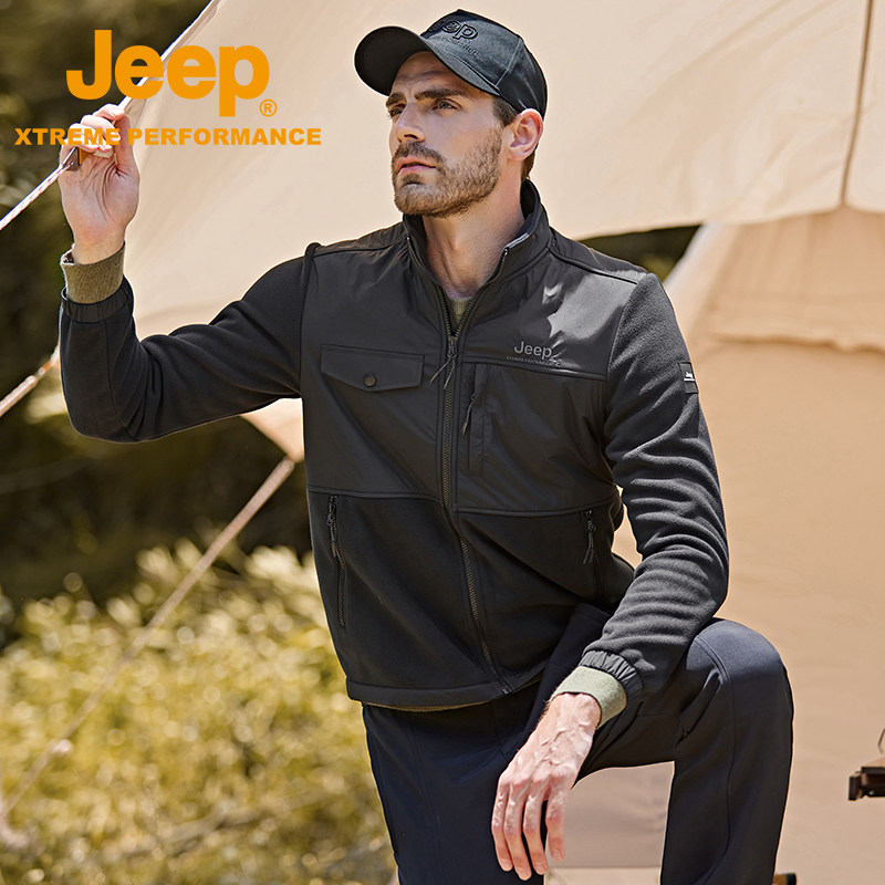 Jeepoutdoor吉普防风保暖外套男撞色拼接抓绒衣户外运动短外套抓