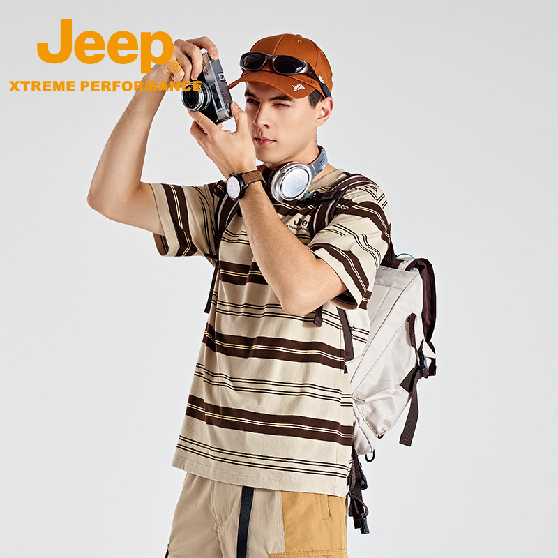 Jeepoutdoor吉普官方纯棉T恤男条纹户外宽松上衣春夏透气轻薄圆领
