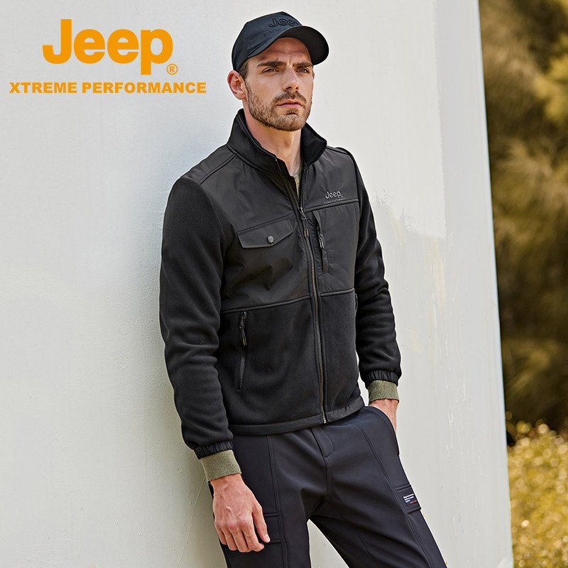 Jeepoutdoor吉普秋冬拼色抓绒衣男户外运动透气外套立领加大码绒