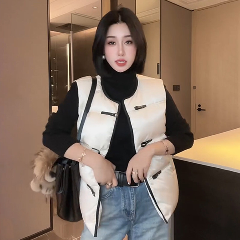 声雨竹欧货叠穿羽绒棉马甲女秋冬时尚圆领单排扣百搭夹棉马夹无袖