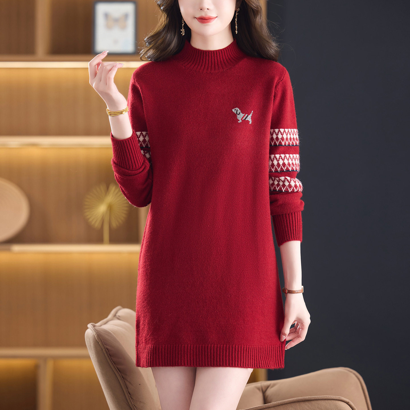 声雨竹配大衣红色毛衣裙女士中长款秋冬2026新款高级感遮屁股针织