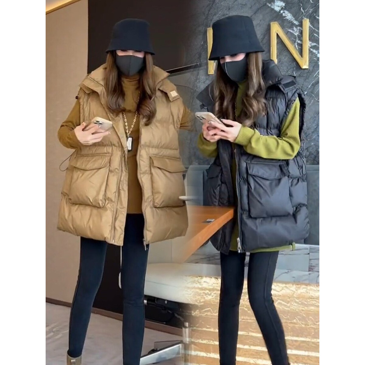声雨竹欧货2027新款秋冬连帽羽绒棉马甲女韩版宽松背心时尚坎肩马