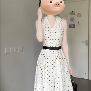 声雨竹法式花瓣领丝毛赫本风收腰A摆波点连衣裙特别漂亮掐腰小裙