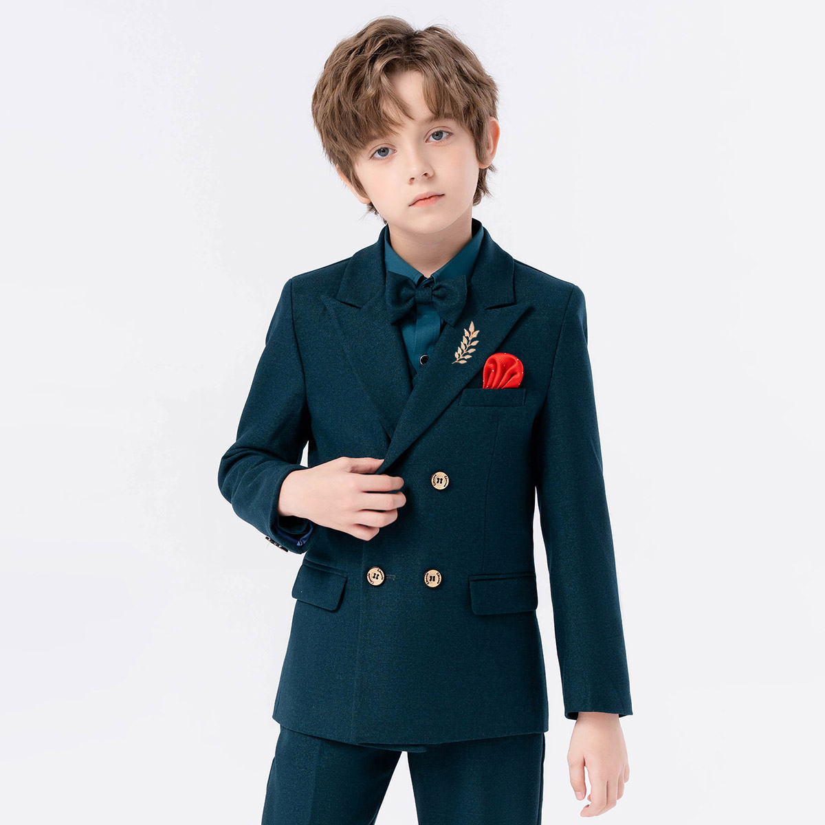墨绿色高端轻奢儿童西装套装主持人男童礼服西服钢琴小提琴演出服