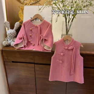 现货<粉黛>【绵羊毛,纯手工双面呢】女童秋冬季时尚蝴蝶结套装