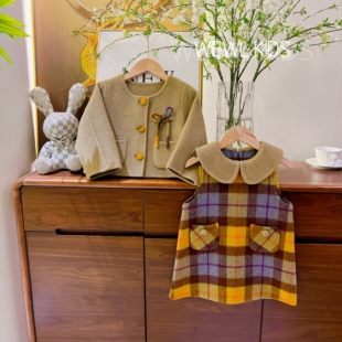 现货<青桔>【羊绒+绵羊毛+天丝纯手工双面呢】女童冬娃娃领套装