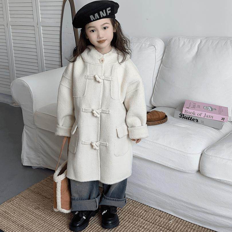 2024年新款米白色儿童双面羊毛大衣牛角扣带帽宽松中长款毛呢外套,童装/婴儿装/亲子装,呢大衣,淘宝优惠券,粉丝福利购,淘宝优惠卷