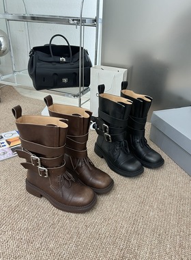 MONIZ/陌尼斯2025新款真皮复古做旧机车靴女百搭休闲中筒马丁靴女