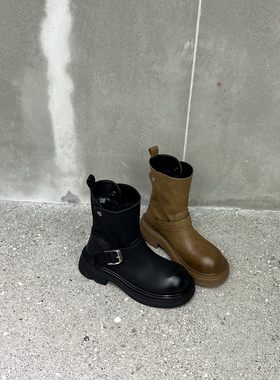 陌尼斯/MONIZ2025新款秋季真皮厚底复古扣件设计休闲百搭马丁靴女