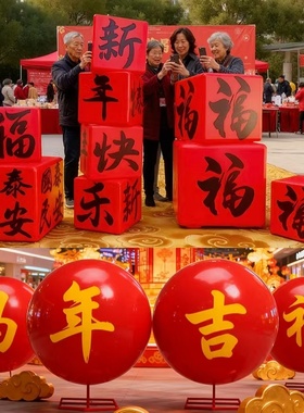新年装饰球商场立柱摆件欢度新年春节气氛玻璃钢方凳雕塑方块布置