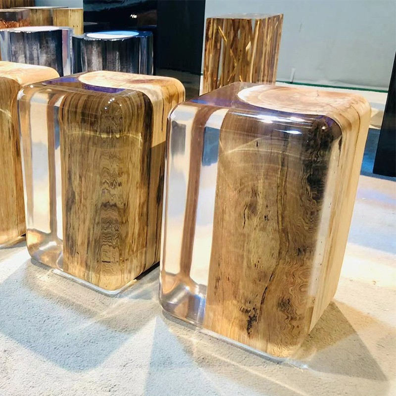 透明环氧树水晶原木凳子亚克力中式树脂凳软装木墩边几椅子树脂墩