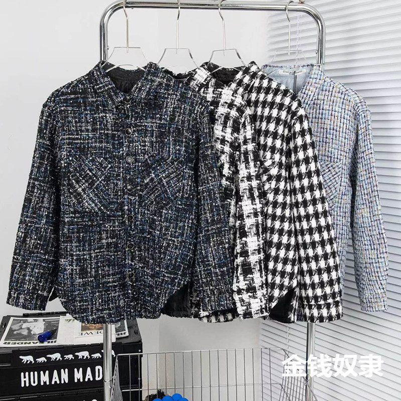 cl衬衫小香家银线编织格子外套黑白格子长袖拼接宽松型痞帅男女款