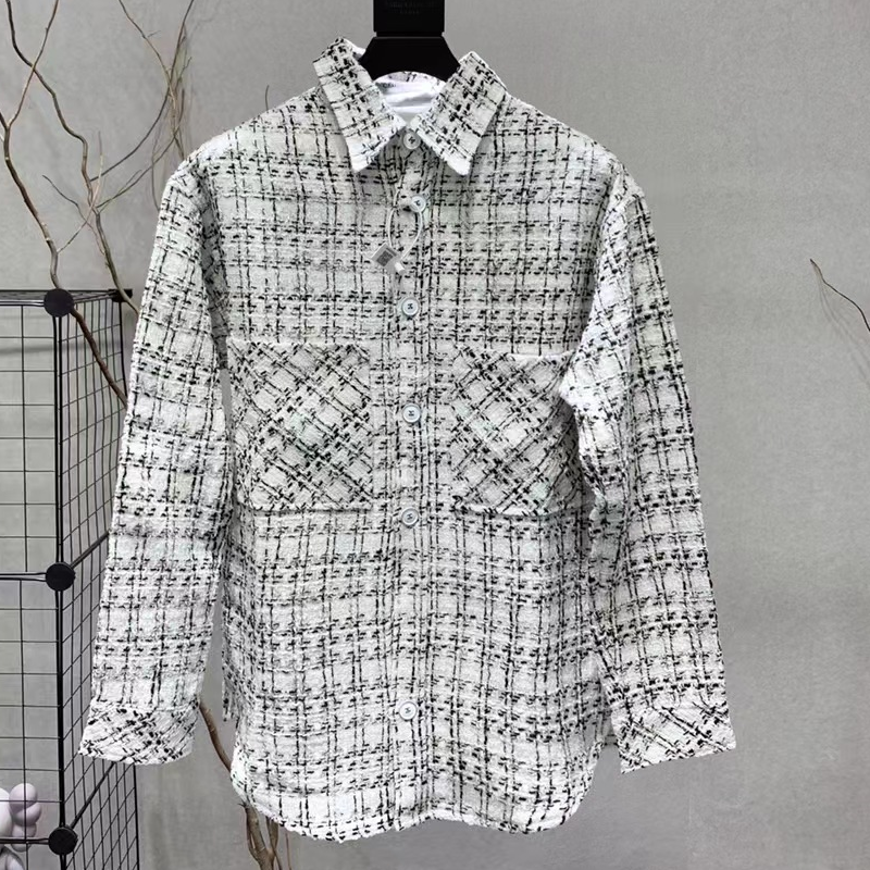 cl外套编织格子纹衬衫中长款小香风银线宽松帅气男女情侣潮牌衬衣