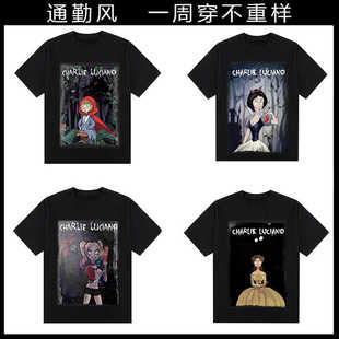 cl百搭秋季宽松白雪公主t恤插画印花纯棉圆领小红帽男女情侣半袖