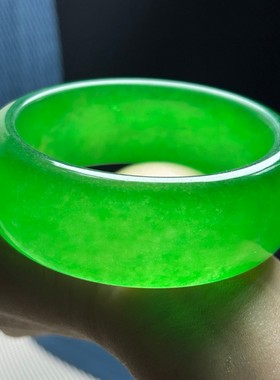 缅甸帝王绿翡翠色加宽条手镯女老坑冰种玉镯子手环百搭收藏礼品